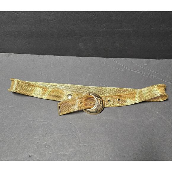 Gold Tone Mesh Belt Womens Metallic Oval Buckle Grommet Dress Waist Cinch Dressy - Picture 2 of 6